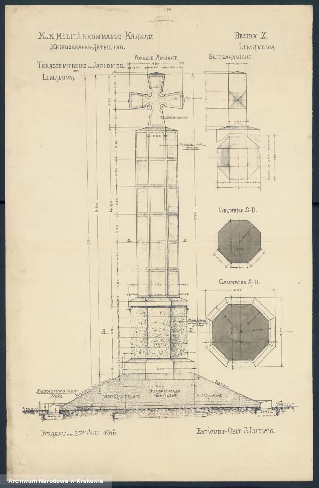 Projekt pomnika wykonany przez Gustava Ludviga w 1916 r. Źródło: Archiwum Narodowe w Krakowie Projekt pomnika wykonany przez Gustava Ludviga w 1916 r. Źródło: Archiwum Narodowe w Krakowie